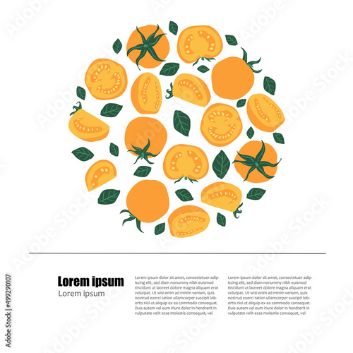Doodle yellow fresh tomatoes in a round with place for text