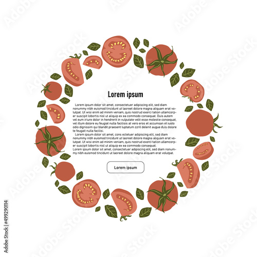 Concept with circle of hand drawn red ripe tomatoes and text place