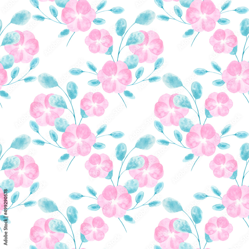 Hand-Drawn Watercolor Seamless Pattern of Loose Abstract Flowers with Leaves on White Background. Beautiful Illustration in Wet-on-Wet Technique for Wallpaper, Fabric, Postcard or Wrapping Paper Hand-Drawn Watercolor Seamless Pattern of Loose Abstract Flowers with Leaves on White Background. Beautiful Illustration in Wet-on-Wet Technique for Wallpaper, Fabric, Postcard or Wrapping Paper