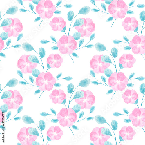 Hand-Drawn Watercolor Seamless Pattern of Loose Abstract Flowers with Leaves on White Background. Beautiful Illustration in Wet-on-Wet Technique for Wallpaper, Fabric, Postcard or Wrapping Paper
