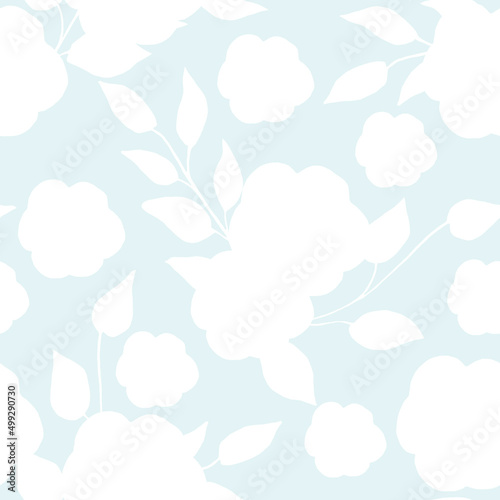 Watercolor Seamless Pattern of Abstract Flower Silhouettes with Leaves on Tender Blue Background. Hand-Drawn Illustration for Wallpaper, Fabric, Postcard or Wrapping Paper