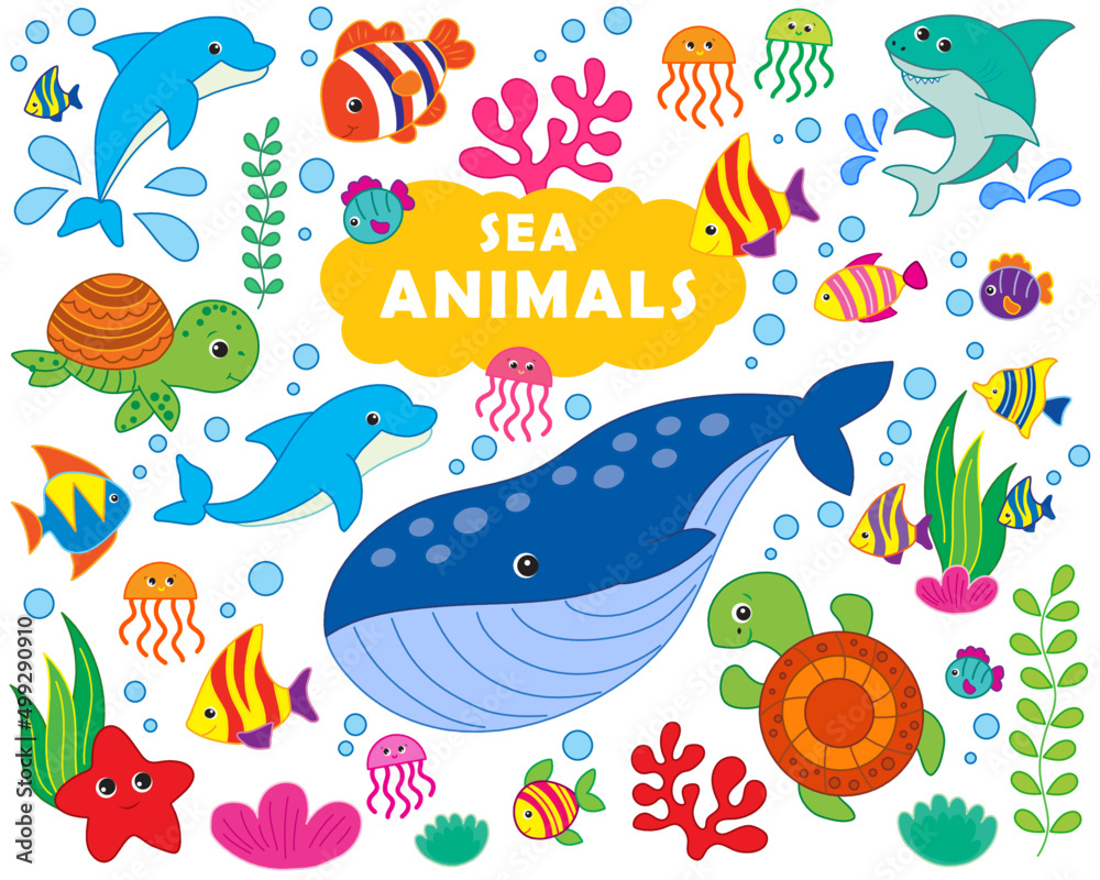 Obraz premium big set of sea animals. vector image in cartoon style