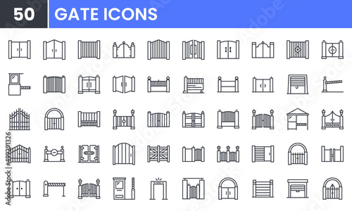Gate and Fence vector line icon set. Contains linear outline icons like Door Entrance, Garage, Stop Sign, Parking Barrier Security, Residence Gate, Automatic Gate. Editable use and stroke for web.