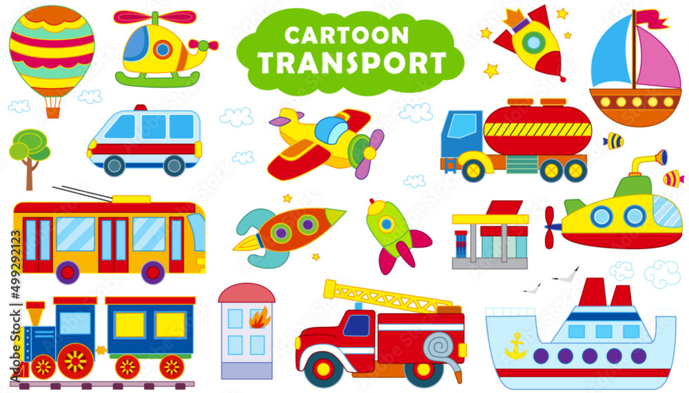 Big vector set of transport and cars in funny cartoon style
