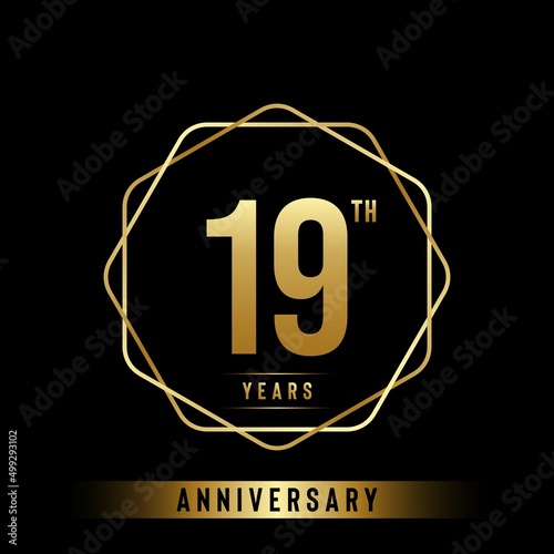 19 Years Anniversary logotype. Anniversary celebration template design with golden ring for booklet, leaflet, magazine, brochure poster, banner, web, invitation or greeting card. Vector illustrations