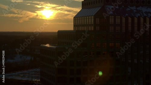 Aerial, silhouette of Carlson Towers during sunset sunrise in Minnetonka, Minneapolis photo