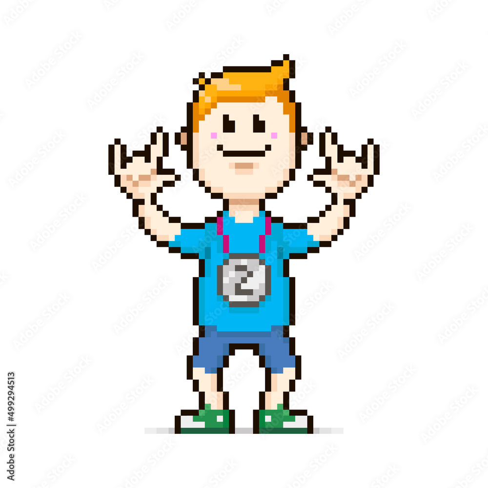 colorful simple vector flat pixel art illustration of cartoon character cheerful character with silver medal of second place