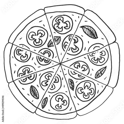 Sketch margarita pizza. Black line doodle Hand drawn vector illustration