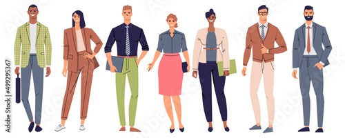 Group of business people, office workers isolated on white background. Business team of women and men of different races. Smiling and happy people. Vector illustration.