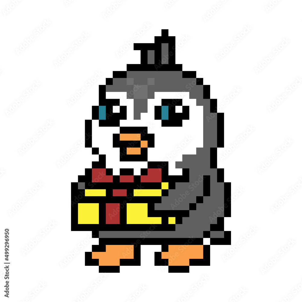 Fototapeta premium Happy penguin with a holiday gift, pixel art bird character isolated on white background. Old school retro 80s, 90s 8 bit slot machine, computer, video game graphics. Cartoon birthday animal mascot.