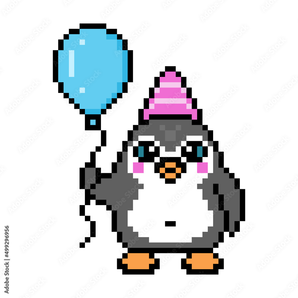 Penguin in a pink striped party hat holding a blue balloon, cute pixel art birthday animal character isolated on white background. Old school retro 80s, 90s 8 bit slot machine, video game graphics.