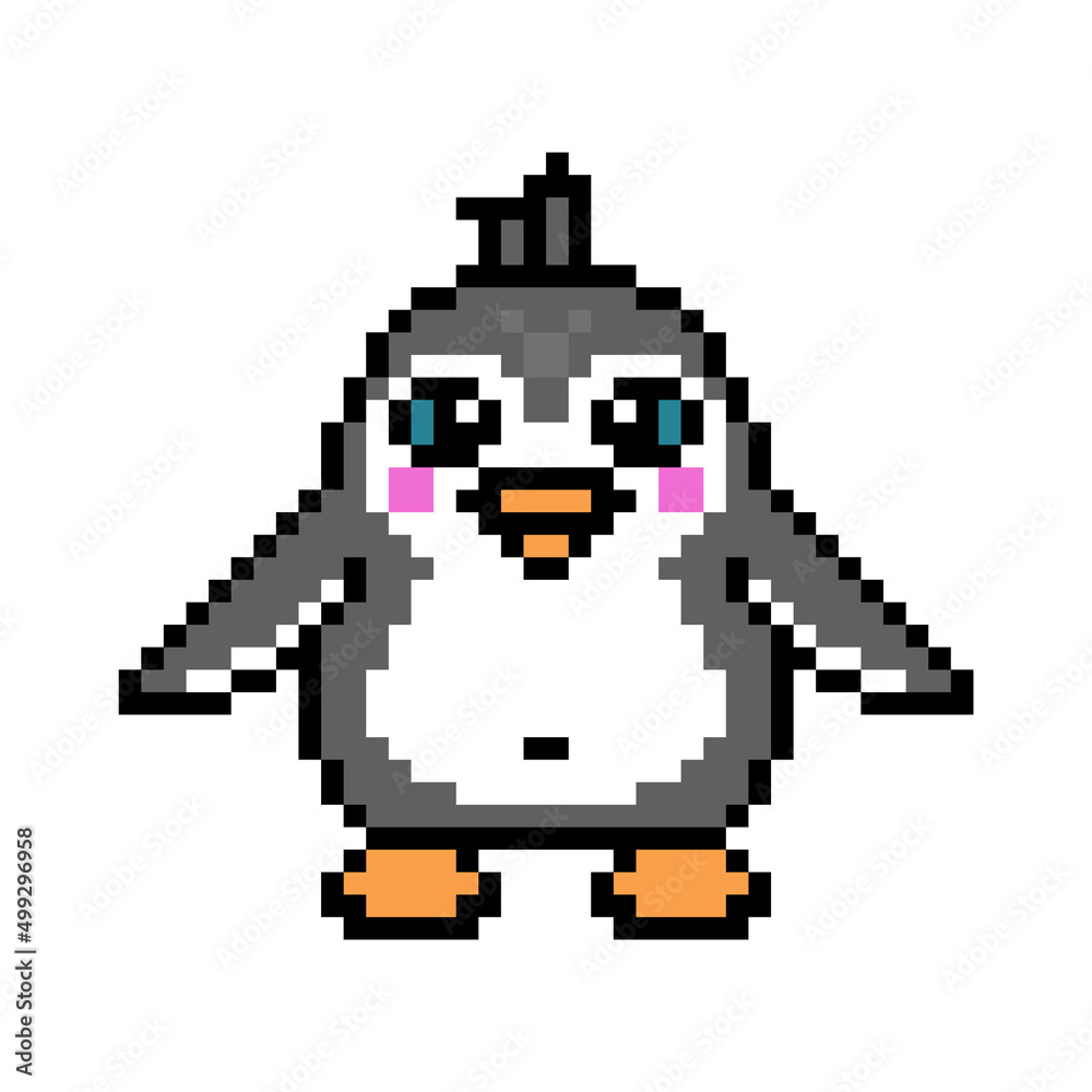 Happy penguin, cute pixel art wildlife animal character isolated on white background. Old school retro 80s, 90s 8 bit slot machine, computer, video game graphics. Cartoon antarctica bird mascot.