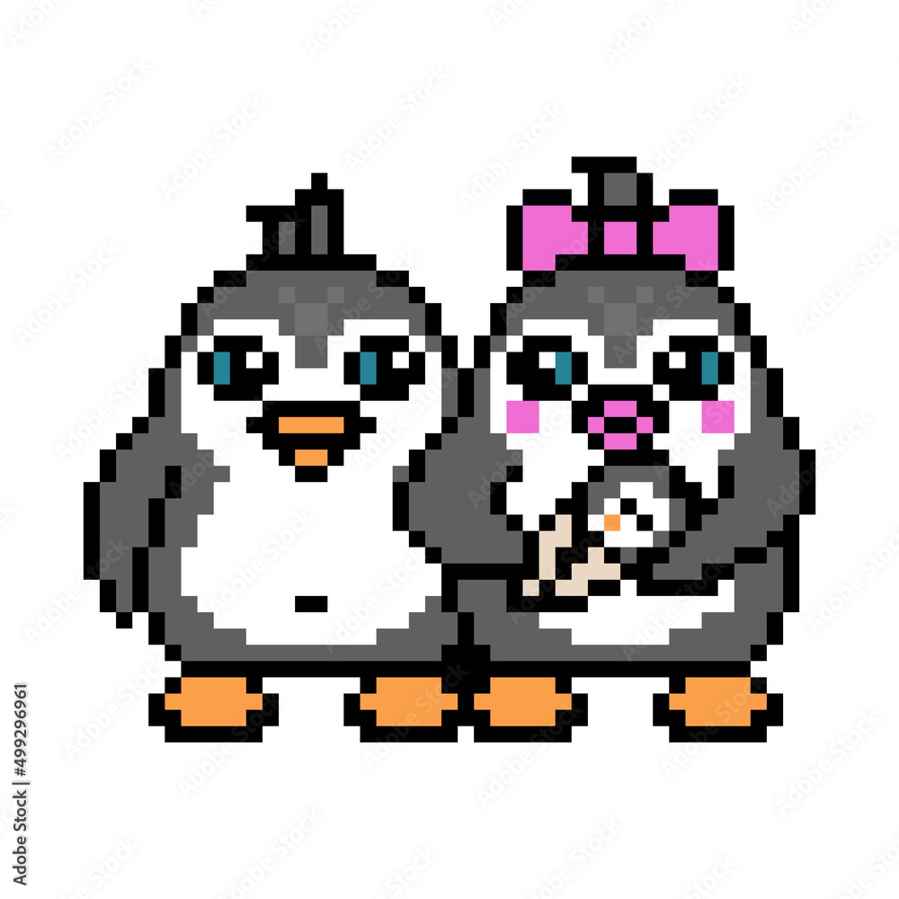 Obraz premium Happy penguin family of mother, father and baby. Cute pixel art animal characters isolated on white background. Old school retro vintage 80s, 90s 8 bit slot machine, computer, video game graphics.