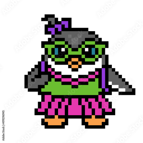 Nerdy schoolgirl penguin wearing glasses  uniform and backpack  cute pixel art bird character isolated on white background. Old school retro 80s  90s 8 bit slot machine  computer  video game graphics.
