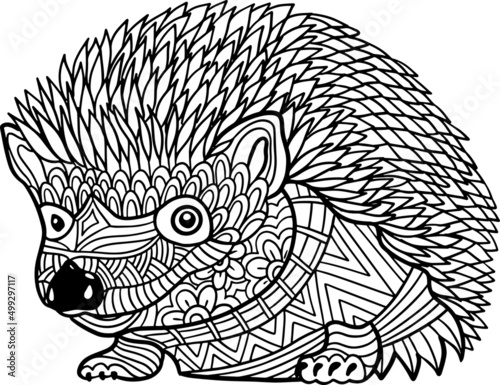 Hand drawn Coloring pages with hedgehog ,  illustration for adult anti stress Coloring books  with high details isolated on white background. Vector monochrome sketch
