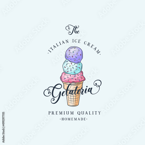 Logo Ice cream. Italian ice cream emblem. Ice cream in a waffle cone with letters.