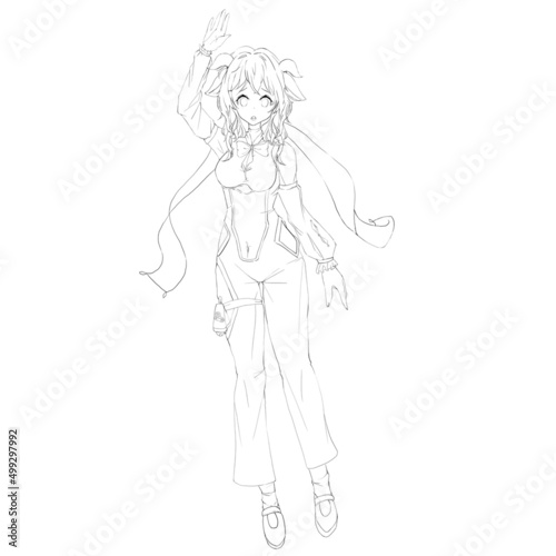 Cute fashionable anime girl. Digital illustration. Coloring page.