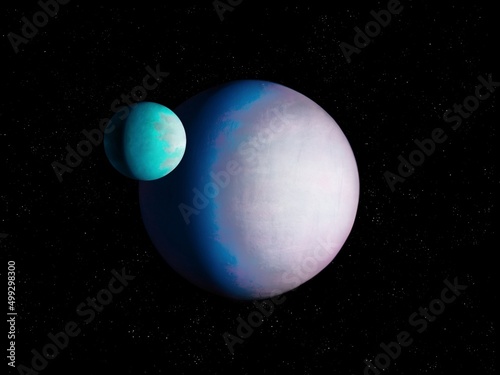 Super-earth with exomoon, exoplanet has a moon, rocky planet with a satellite, twin Earth in space, distant world. 