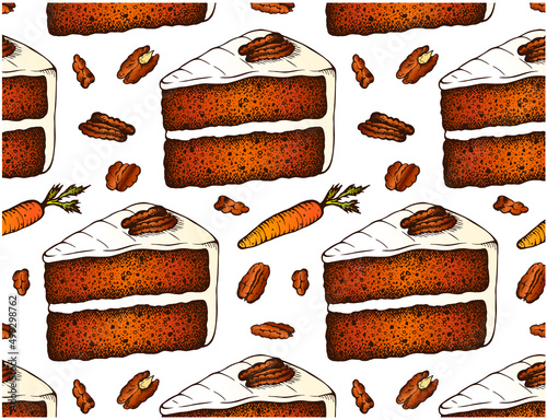 Sketch drawing pattern of Carrot cake isolated on white background. Hand drawn baked sweet dessert wallpaper. Whipped cream, orange carrot fruit, walnut, pecan nuts. Line art food. Vector illustration