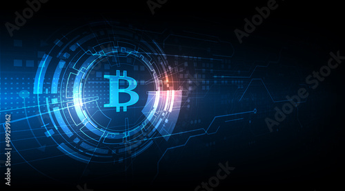 Abstract futuristic digital money with logo bitcoin digital currency on blue background,technology worldwide network concept