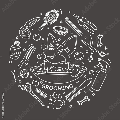 Black and white hand-drawn set on the theme of dog care. A dog in a pelvis and grooming items.