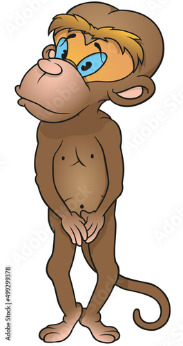 Standing Shy Brown Monkey with Blue Eyes - Colored Cartoon Illustration from Side View Isolated on White Background, Vector