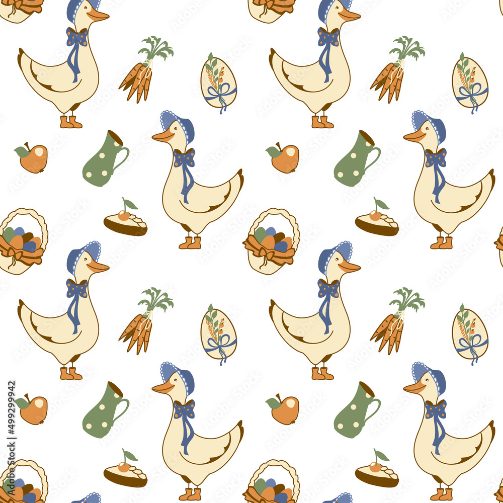 Goose and country life. Eco product. Illustration on vintage style. Seamless pattern.
