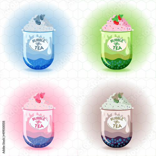A set of different types of tea. Flat style painted elements. Fancy drinks. Green tea, matcha milk, cacao brownie and fruity, consisting of mixed fruit flavors, fresh strawberry.