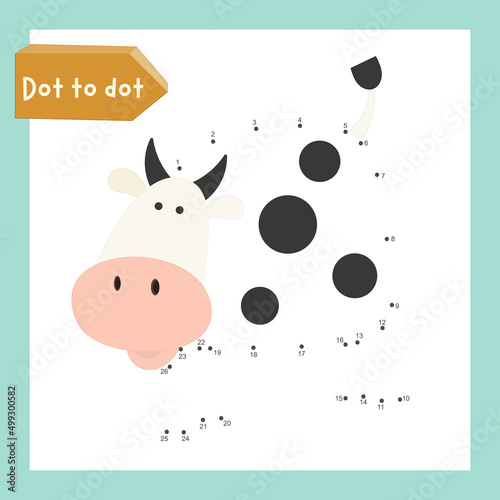 Farm activities for kids. Dot to dot game – cute cow. Numbers games for kids. Coloring page. Vector illustration.