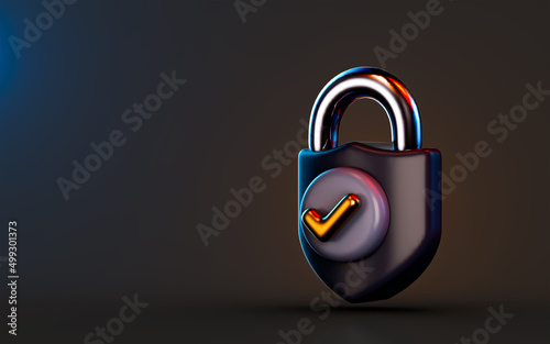 lock icon with check mark badge on dark background 3d render concept for cyber safety protection  photo