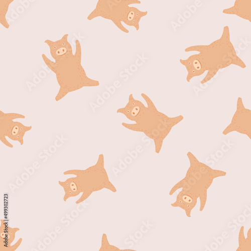 Seamless pattern cute pigs. Background of chubby piggy in doodle style.