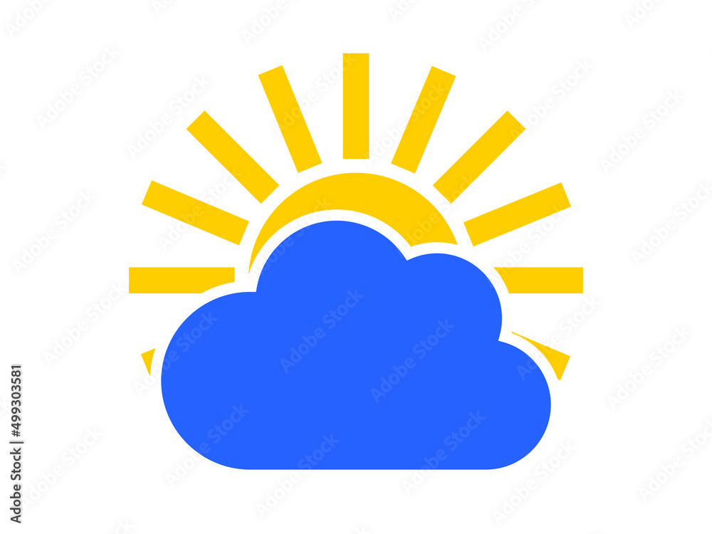 Blue cloud and yellow sun. Weather forecast icon isolated on white background. Vector. Blue cloud and yellow sun. Weather forecast icon isolated on white background. Vector.