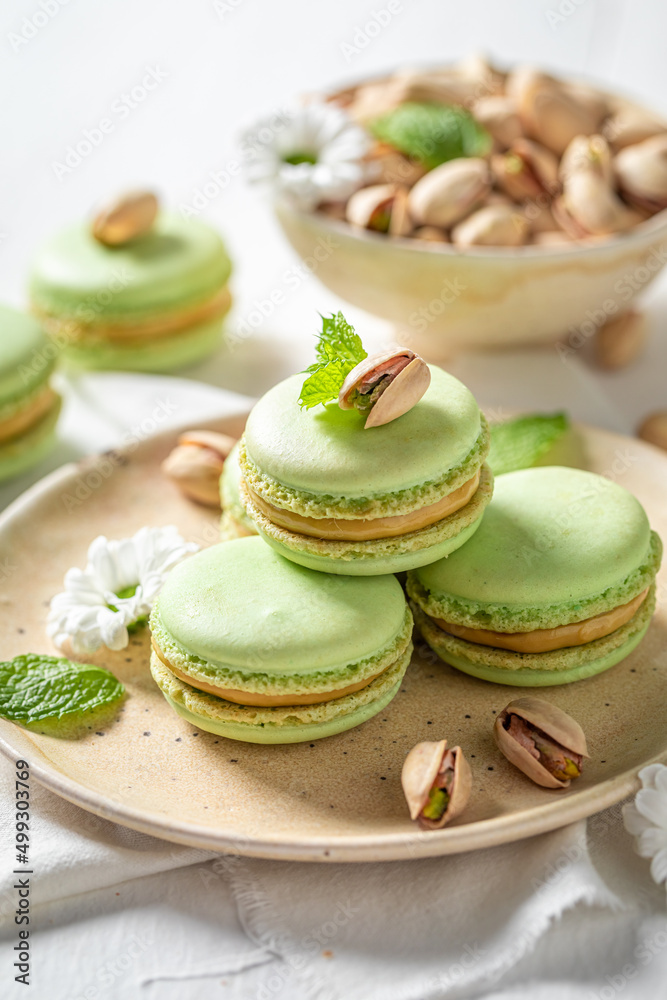 Homemade and sweet pistachio macaroons with spring flowers on plate. Homemade and sweet pistachio macaroons with spring flowers on plate.