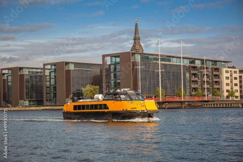 Canvas Print Yellow public transportation boat bus in Copenhagen, Denmark