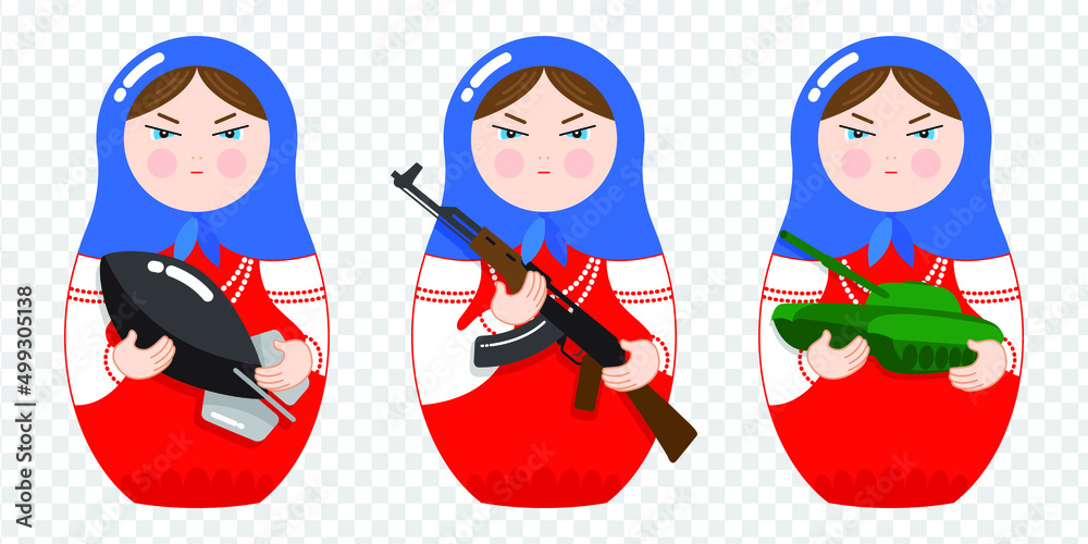 Evil Russian nesting doll Matryoshka with a machine gun, a bomb and a
