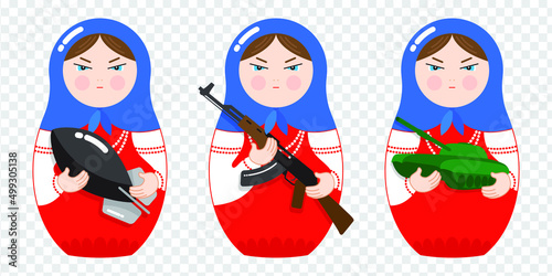 Evil Russian nesting doll Matryoshka with a machine gun, a bomb and a tank in her hands. Russia, war, weapons. Set of isolated vector illustrations on a transparent background