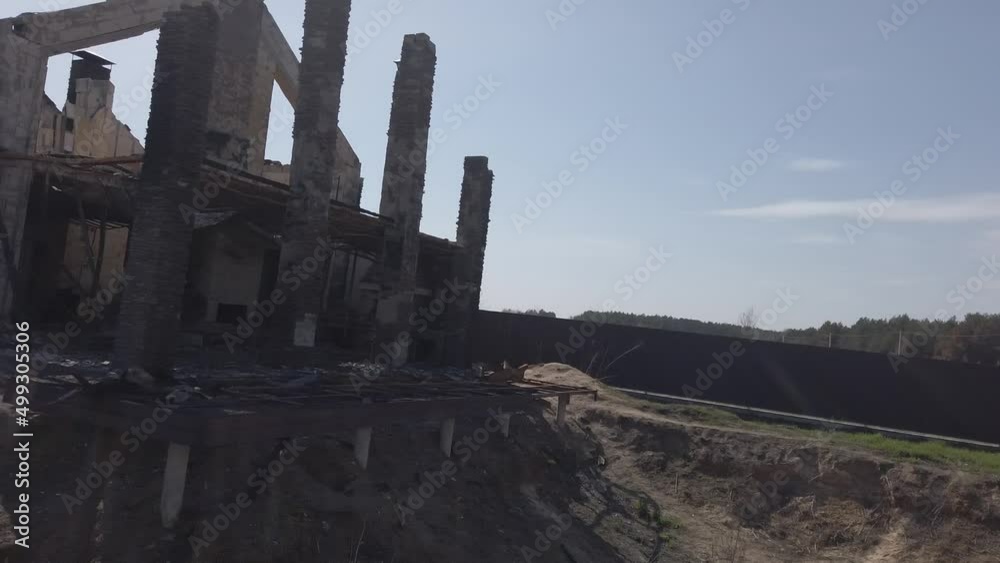 Velyka Dymerka, Kyiv Oblast, Ukraine - April 2022: War Ukraine Russia. Ruins of a house after being bombed by the Russian army. Destroyed house after a missile strike. Velyka Dymerka, Kyiv Oblast, Ukraine - April 2022: War Ukraine Russia. Ruins of a house after being bombed by the Russian army. Destroyed house after a missile strike.