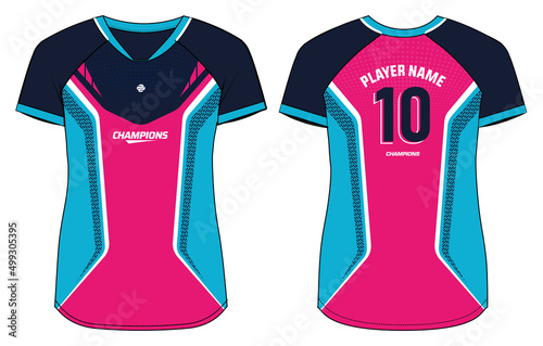 Women Sports Jersey t-shirt design Flat sketch Illustration, abstract pattern V Neck t shirt for girls and Ladies Volleyball jersey, Football, badminton, Soccer and netball, Sport uniform kit