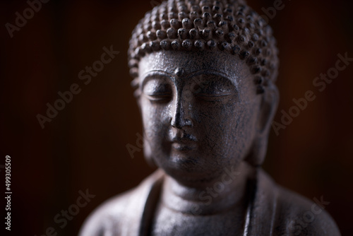 Wallpaper Mural Meditating Buddha Statue on dark wooden background. Close up. Copy space.	 Torontodigital.ca