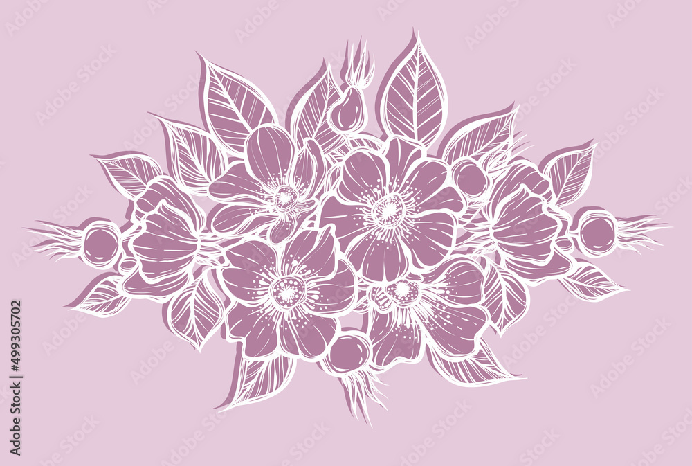 Vector illustration. Rosehip flowers, card for you, line art style, Handmade, line art style