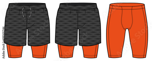 Sport track Shorts with compression tights design vector template, trail shorts concept with front and back view for Soccer, football, badminton and running active wear Belay shorts design.