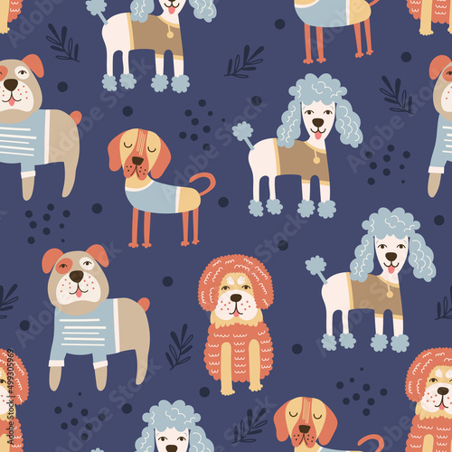 Seamless pattern with dogs, children textile design. Vector illustration.