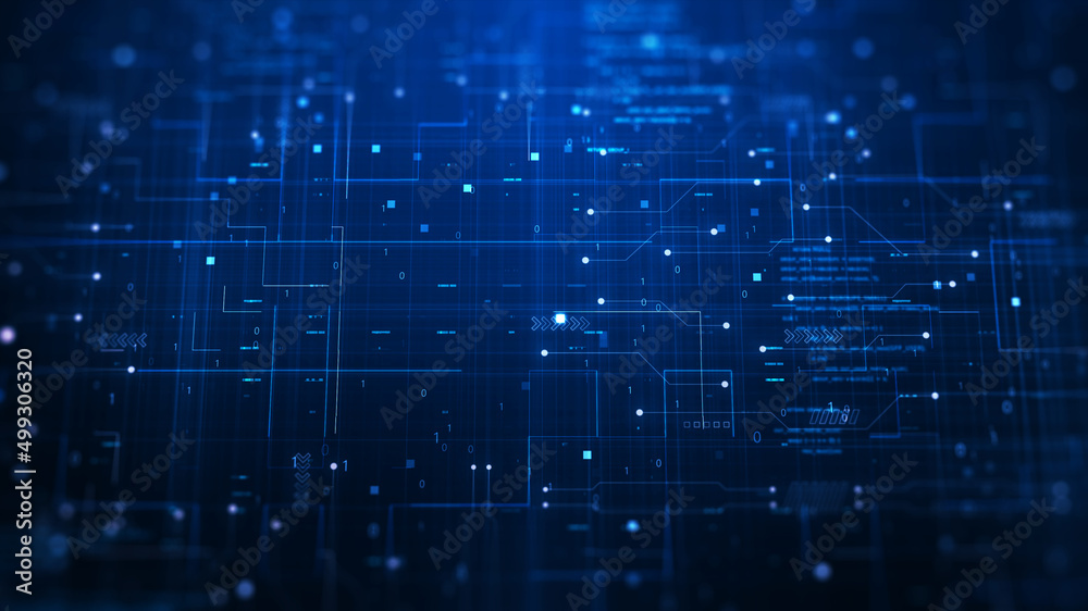 Cybersecurity data protection digital technology background has small fractal binary code with dark blue background.