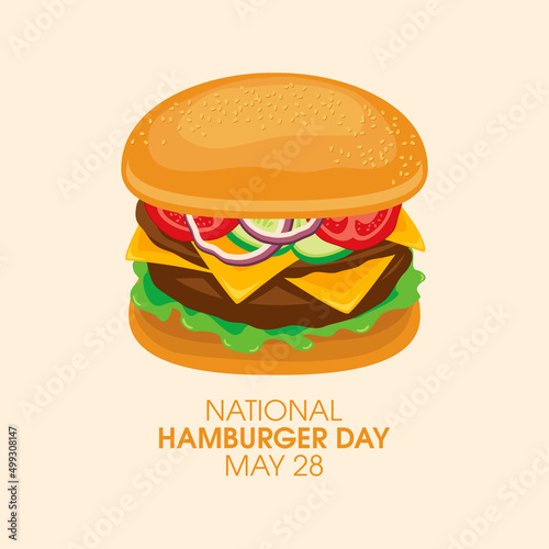 National Hamburger Day Poster with big burger icon vector. Delicious fresh meat hamburger with vegetables and cheese icon vector. Hamburger Day Poster  May 28. Important day