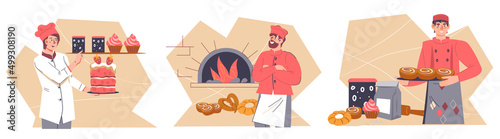 Bakers and confectioners characters set on decorative background, flat vector illustrations isolated on white background. Bakery or bakeshop, pastry store collection.