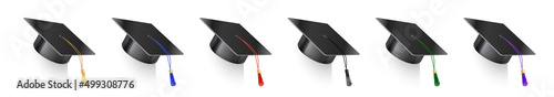 Set of vector realistic mortar hats. Graduation cap of a student with multi-colored tassels. Black hat at graduation at the university. Symbol of academic education, university headdress