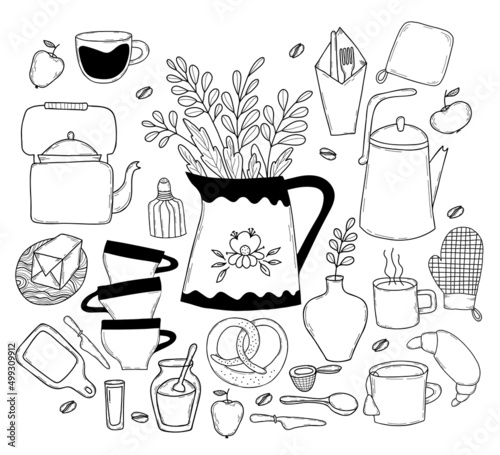 Set of kitchen tools doodles. kitchen tools for cooking - knife and kitchen board, dishes - teapots and cups, food - roll and butter, kitchen items vase and potholder. Vector illustration isolated