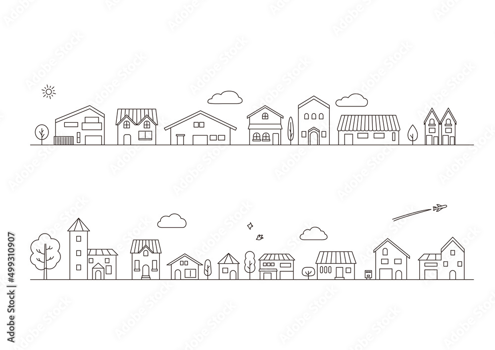 シンプルな黒い線の家と住宅地の街並みベクターイラスト