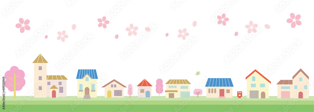 シンプルな家と春の住宅地の街並みベクターイラスト
