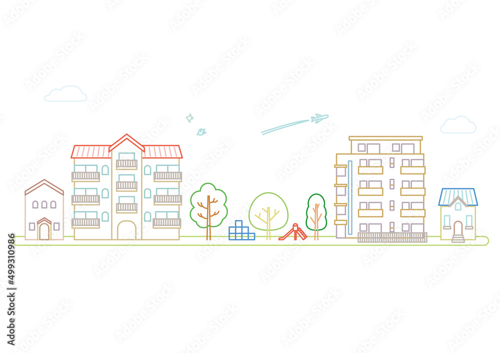 シンプルな線の家と住宅地の街並みベクターイラスト